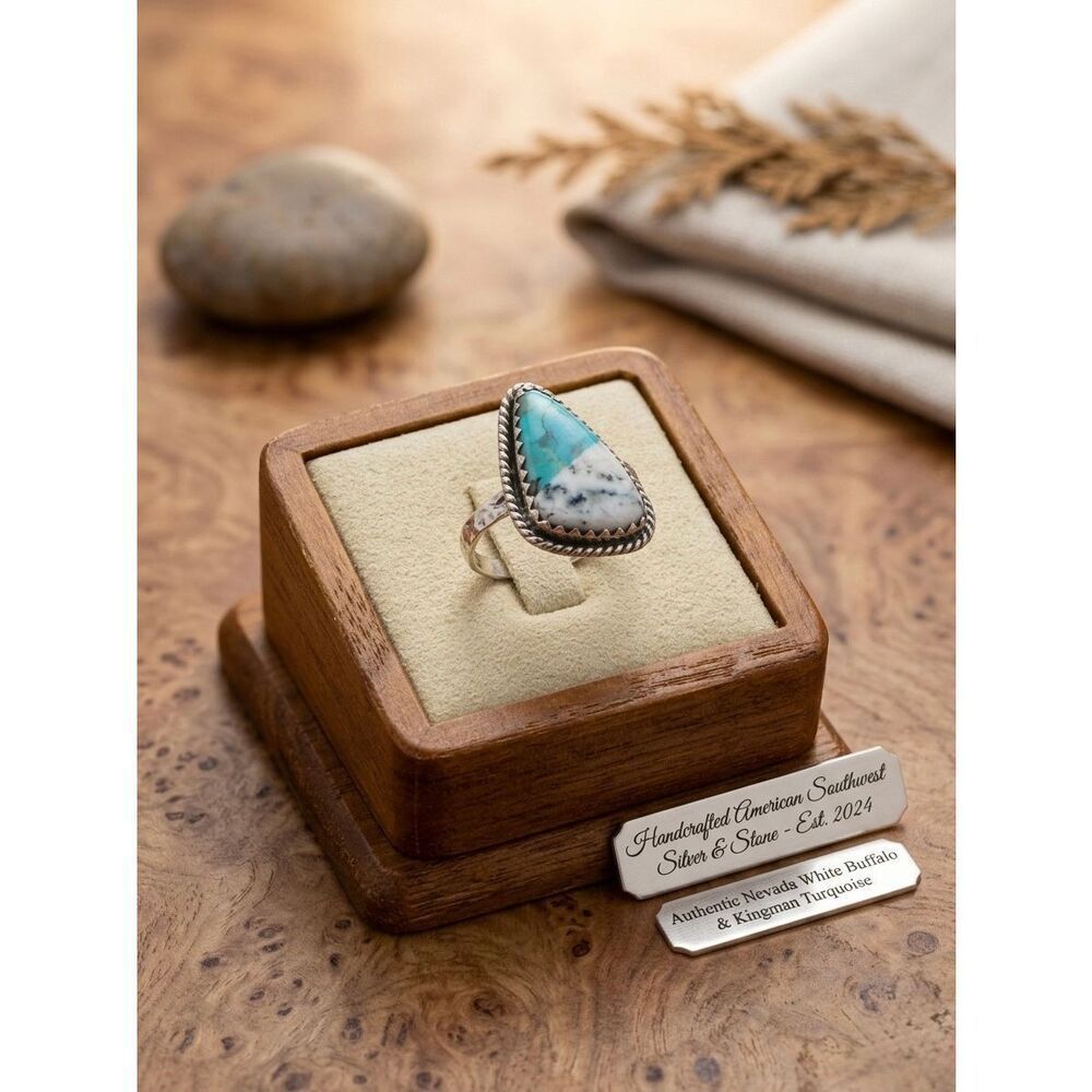 White Buffalo Kingman Turquoise Silver Ring Handcrafted Southwestern Size 9